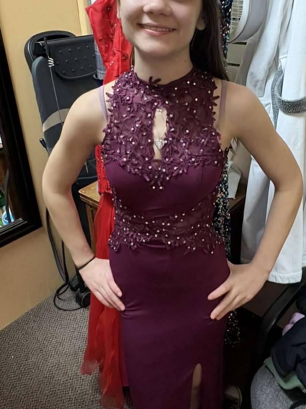 Sleeveless Beaded Lace Burgundy Evening Dress